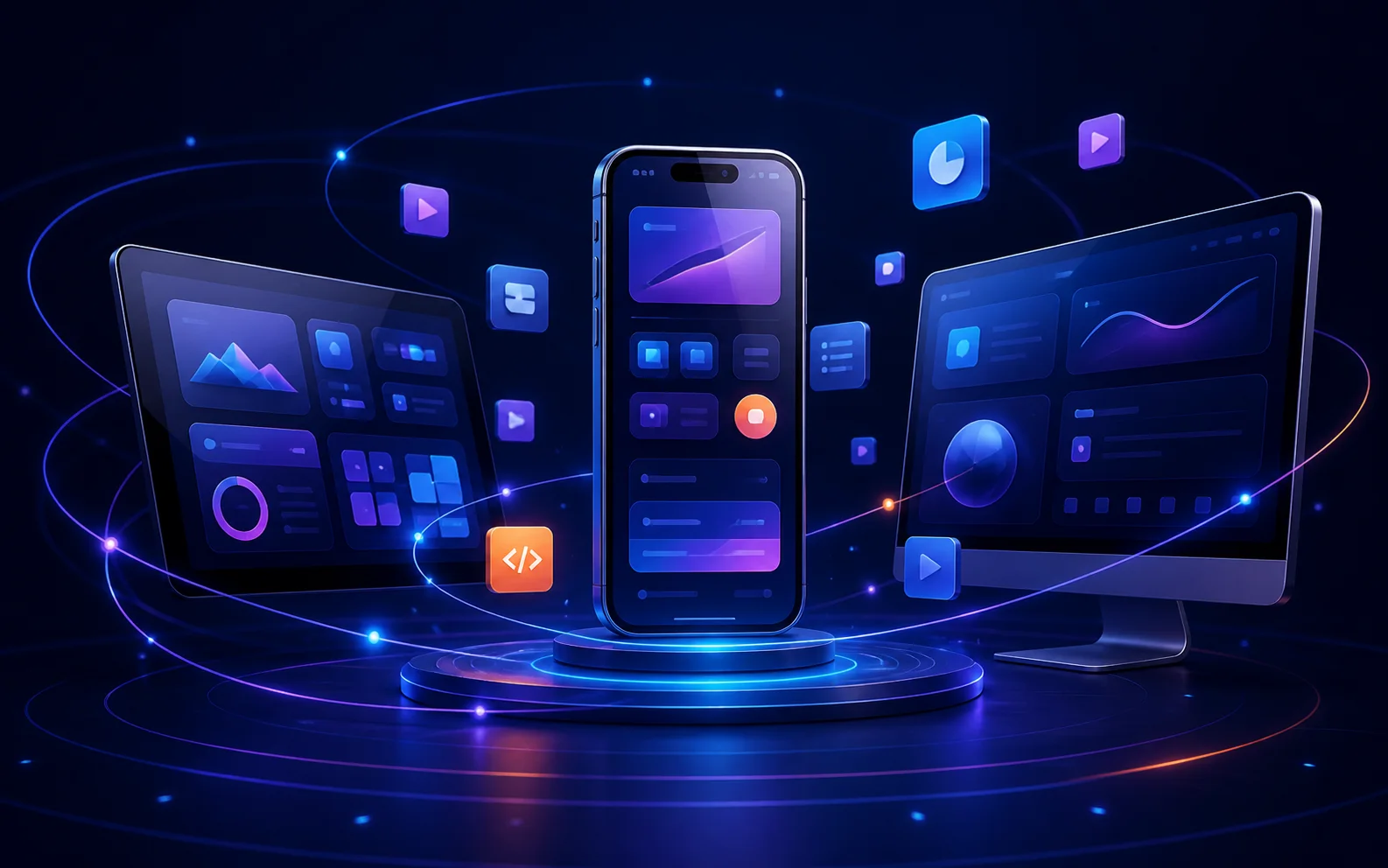 تصویرسازی اپلیکیشن متصل روی موبایل، تبلت و دسکتاپ