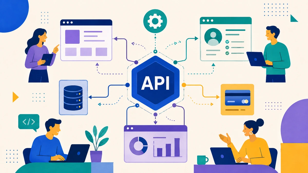 تصویر آموزشی Corporate Memphis از ارتباط وب‌سایت، پایگاه داده، سرویس پرداخت و داشبورد از طریق API