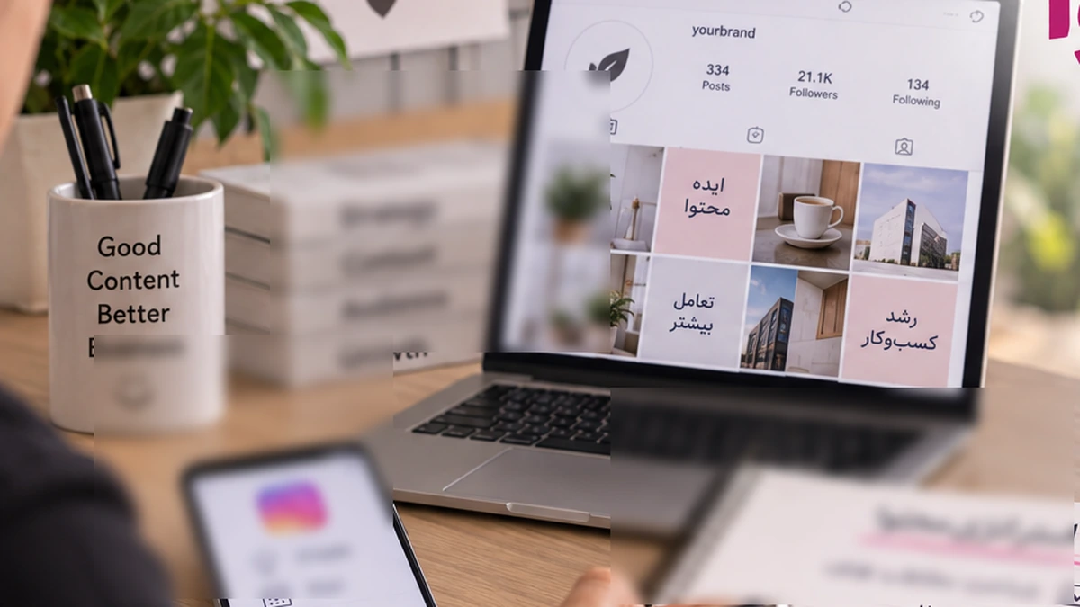 نمای مفهومی برنامه‌ریزی محتوای اینستاگرام با تقویم، موبایل و ابزارهای تحلیل
