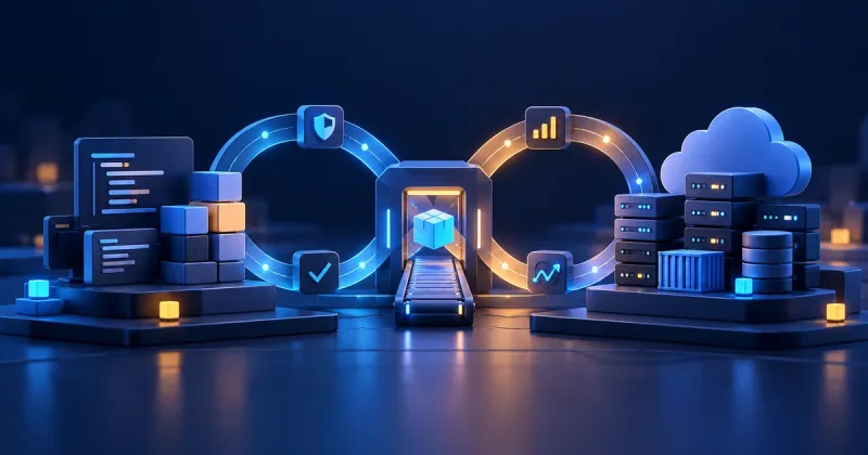 تصویر مفهومی چرخه DevOps میان توسعه نرم‌افزار و زیرساخت ابری