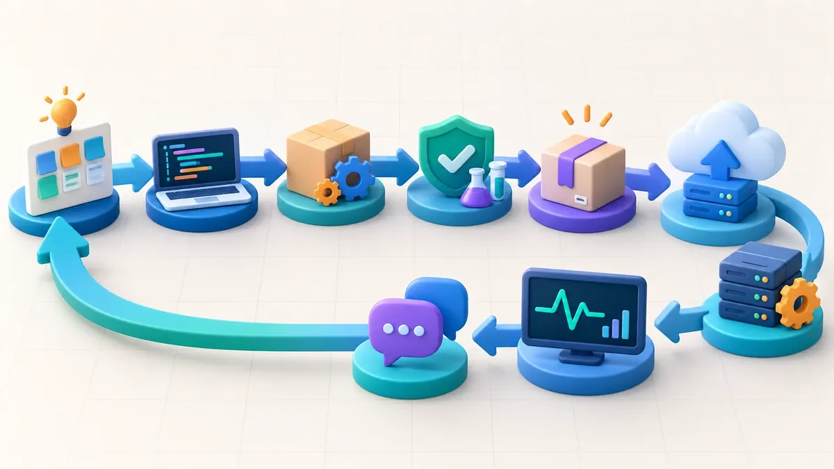 چرخه DevOps از برنامه‌ریزی و کدنویسی تا تست، استقرار، عملیات، پایش و بازخورد